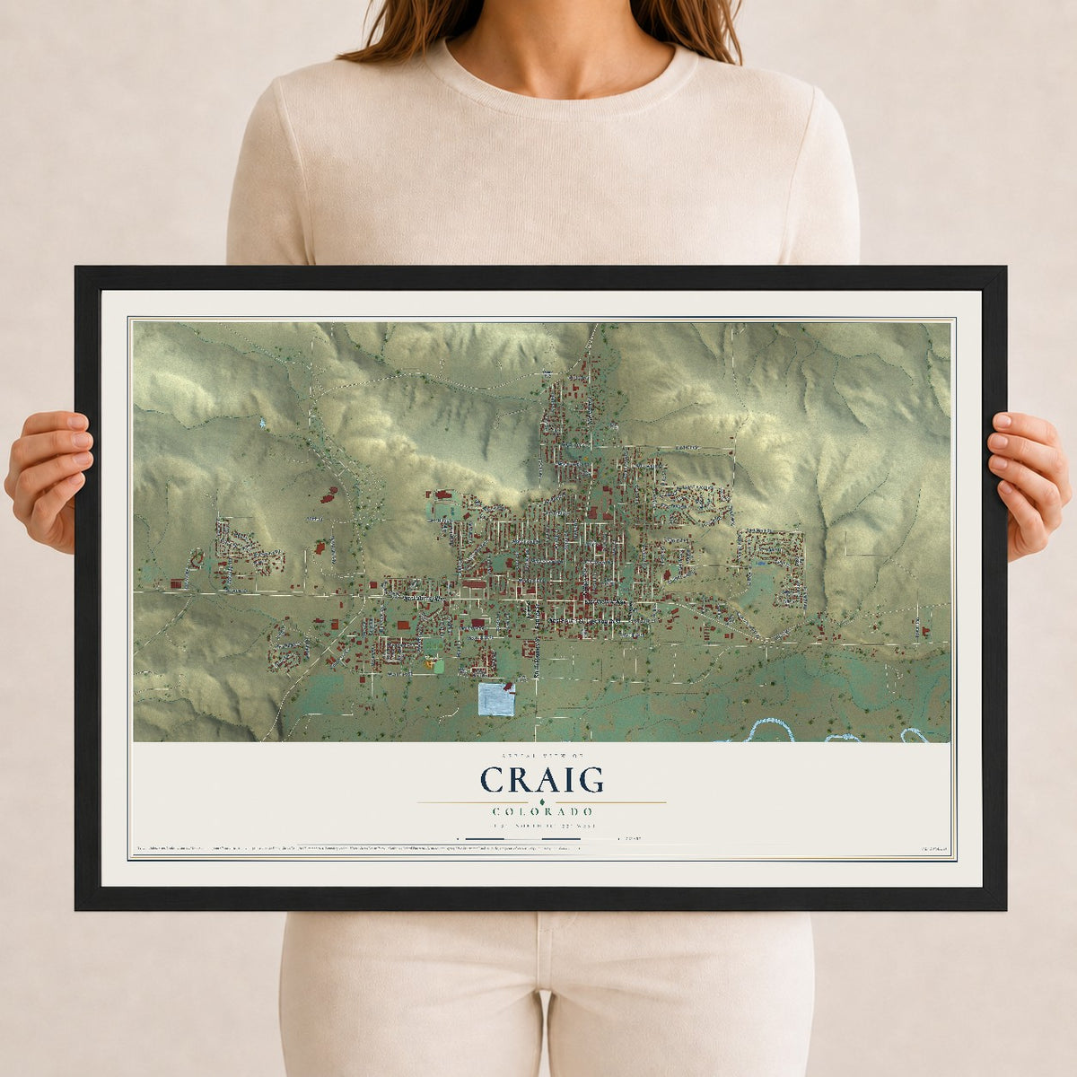Map of Craig, Colorado, 12 x 18 inch print in a black wood frame