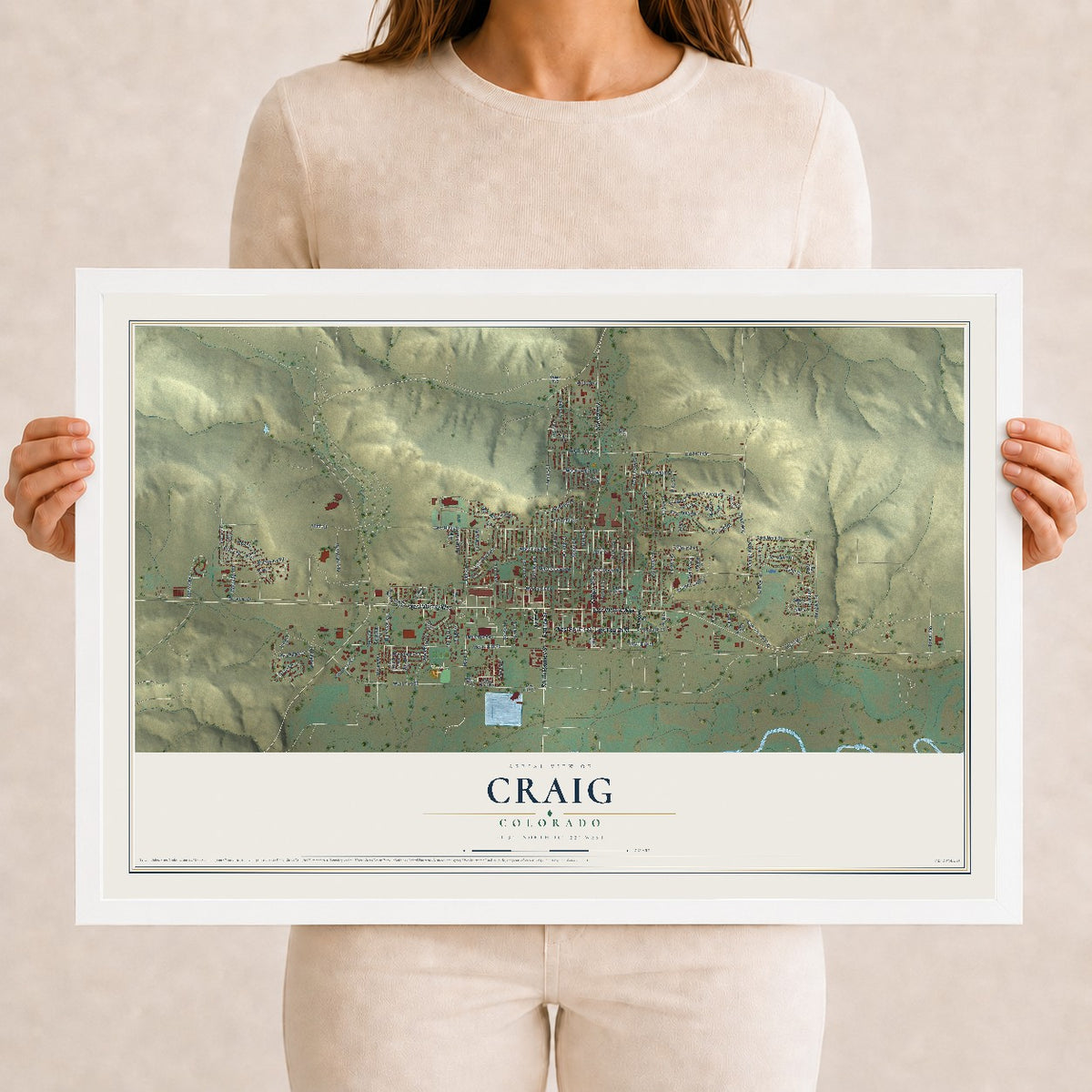 Map of Craig, Colorado, 12 x 18 inch print in a white wood frame