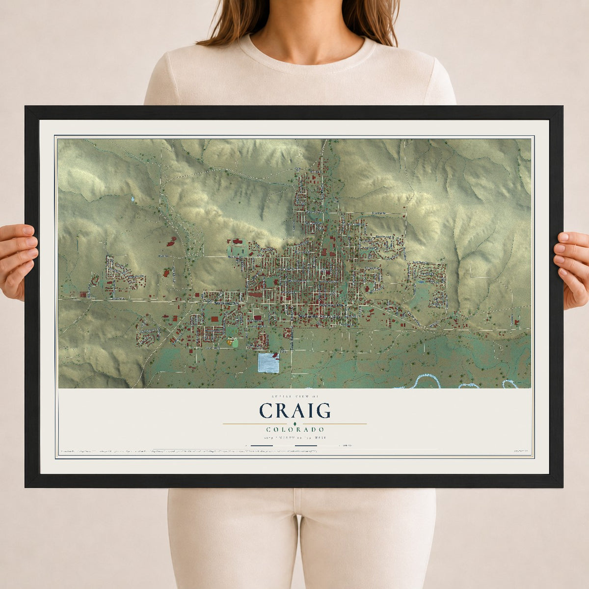 Map of Craig, Colorado, 18 x 24 inch print in a black wood frame