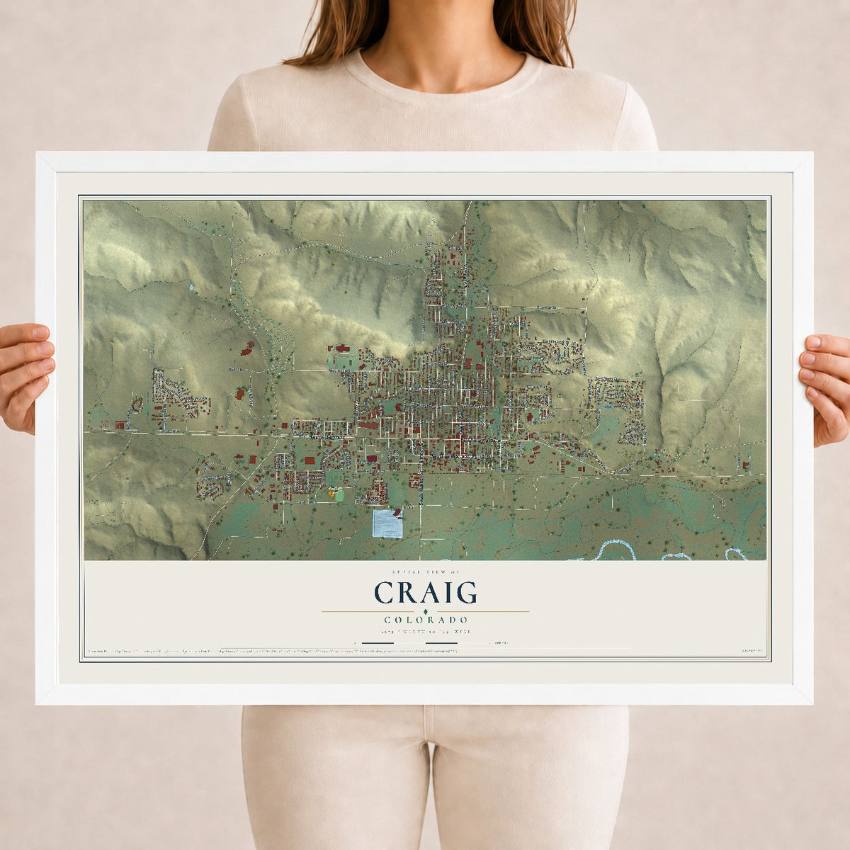 Map of Craig, Colorado, 18 x 24 inch print in a white wood frame