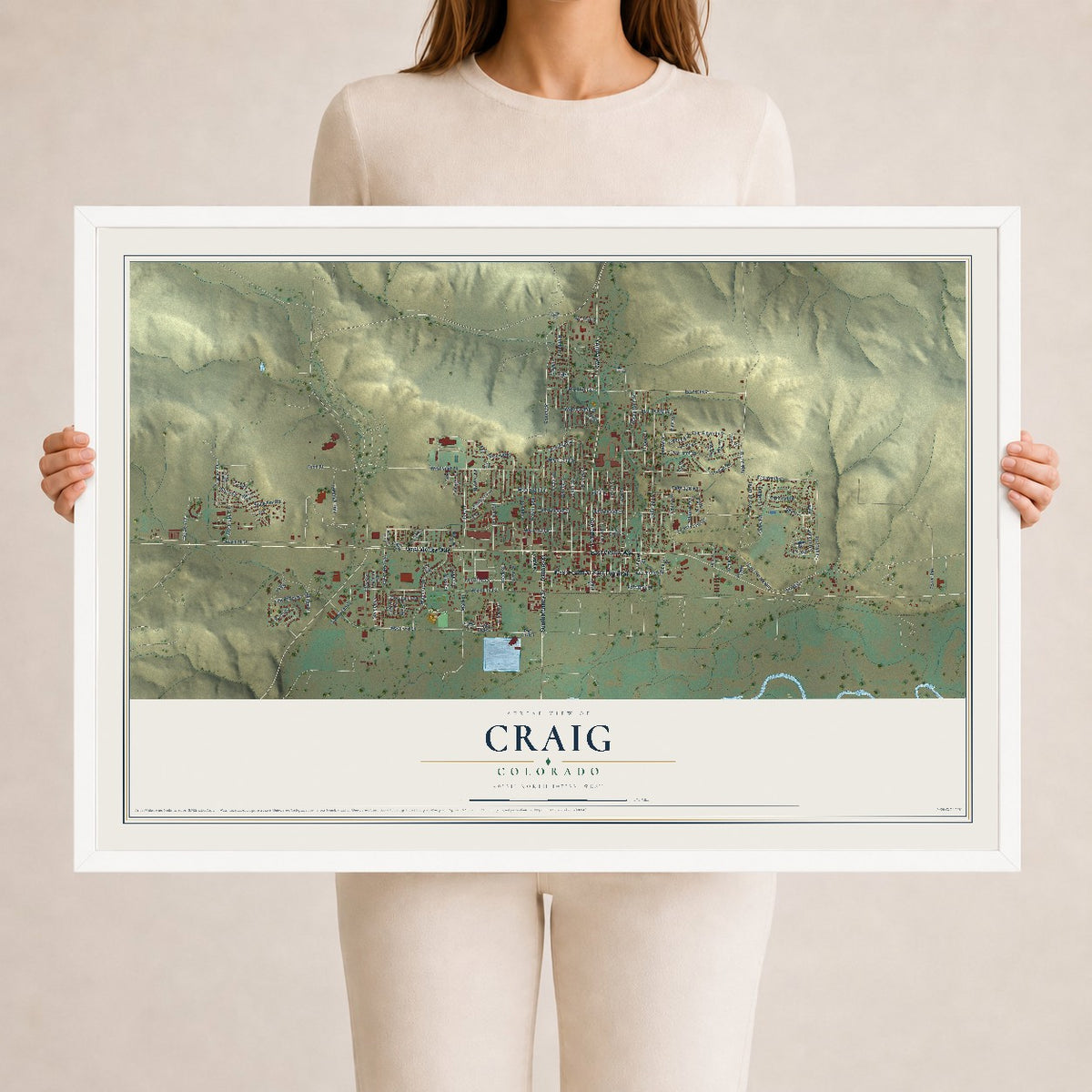 Map of Craig, Colorado, 24 x 36 inch print in a white wood frame