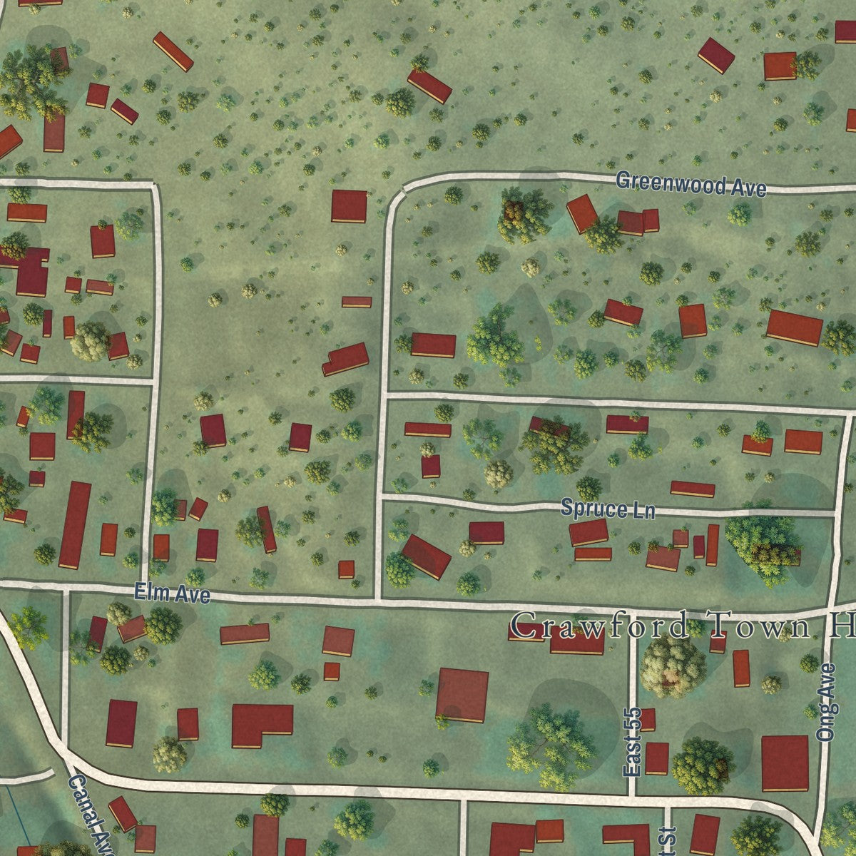 Close-up of the map of Crawford, Colorado print showing street and building detail