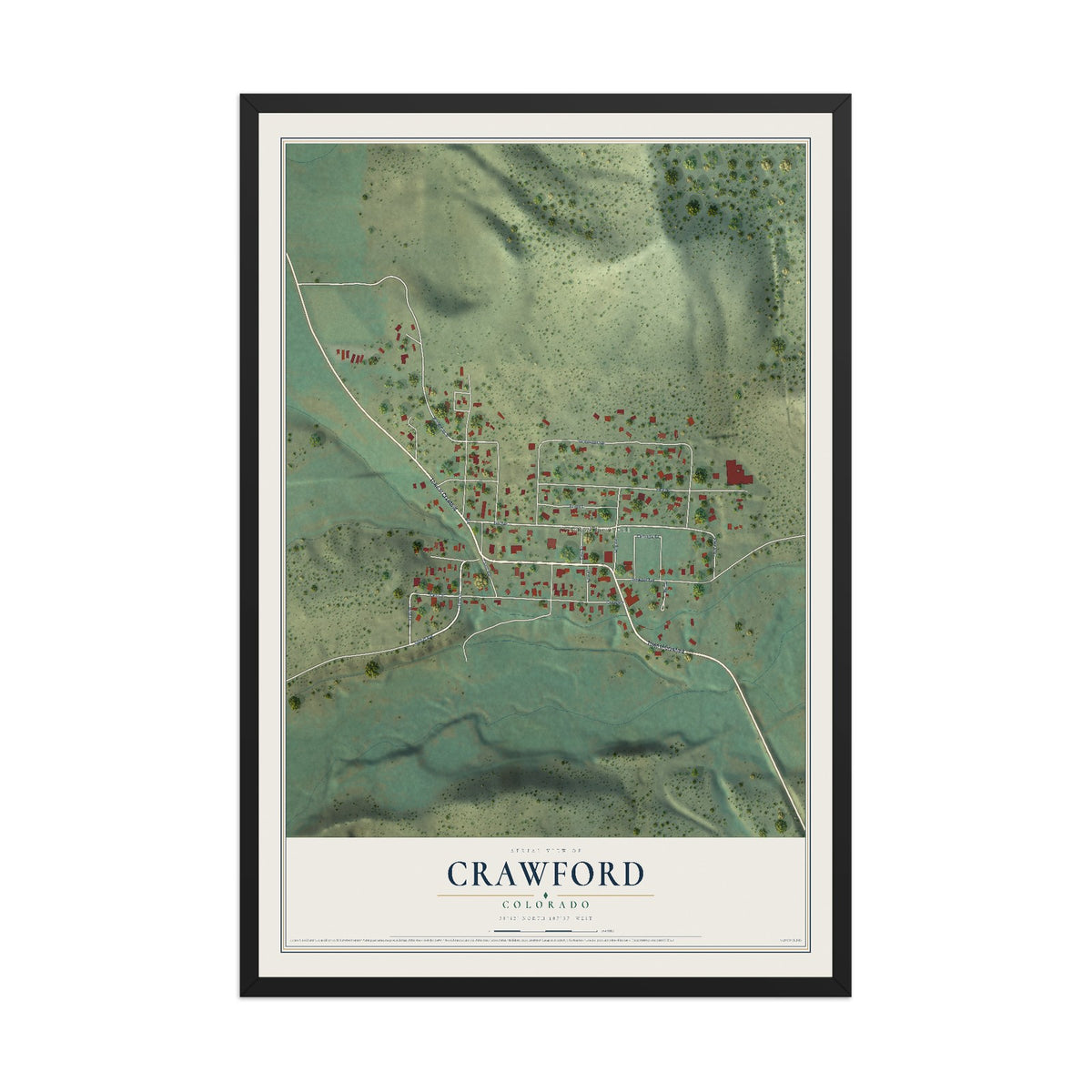Map of Crawford, Colorado, 12 x 18 inch print in a black wood frame