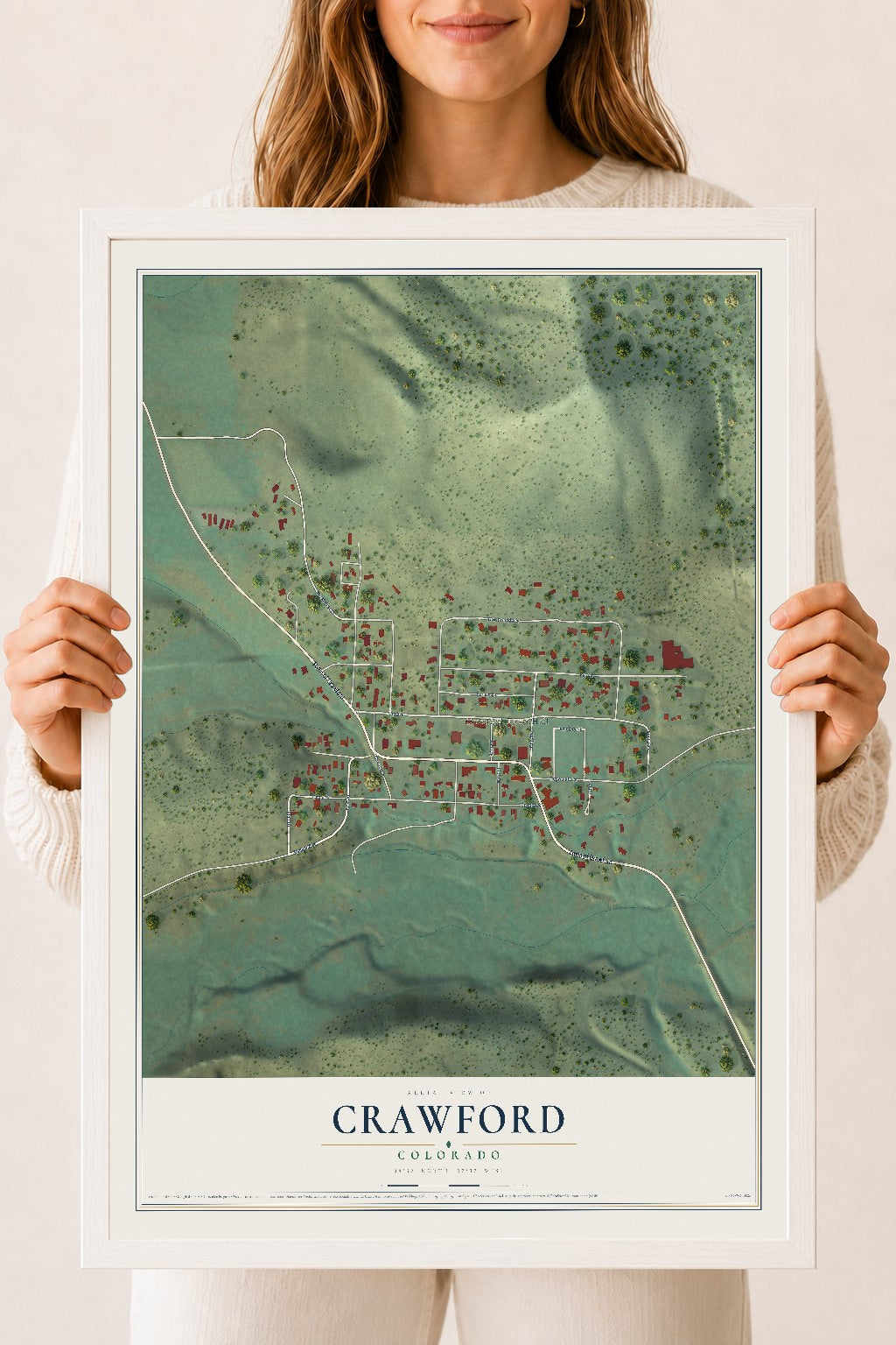 Map of Crawford, Colorado, 18 x 24 inch print in a white wood frame