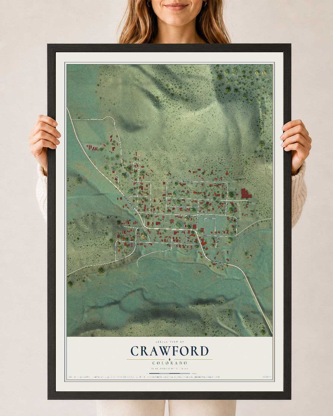 Map of Crawford, Colorado, 24 x 36 inch print in a black wood frame