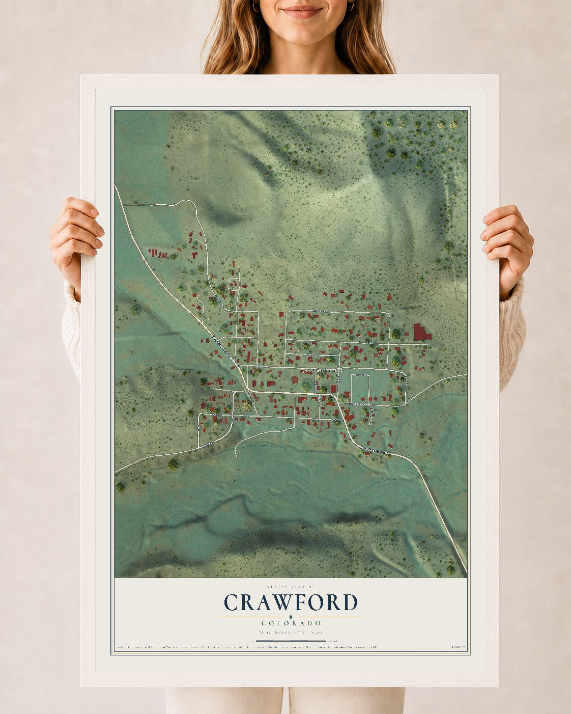 Map of Crawford, Colorado, 24 x 36 inch print in a white wood frame