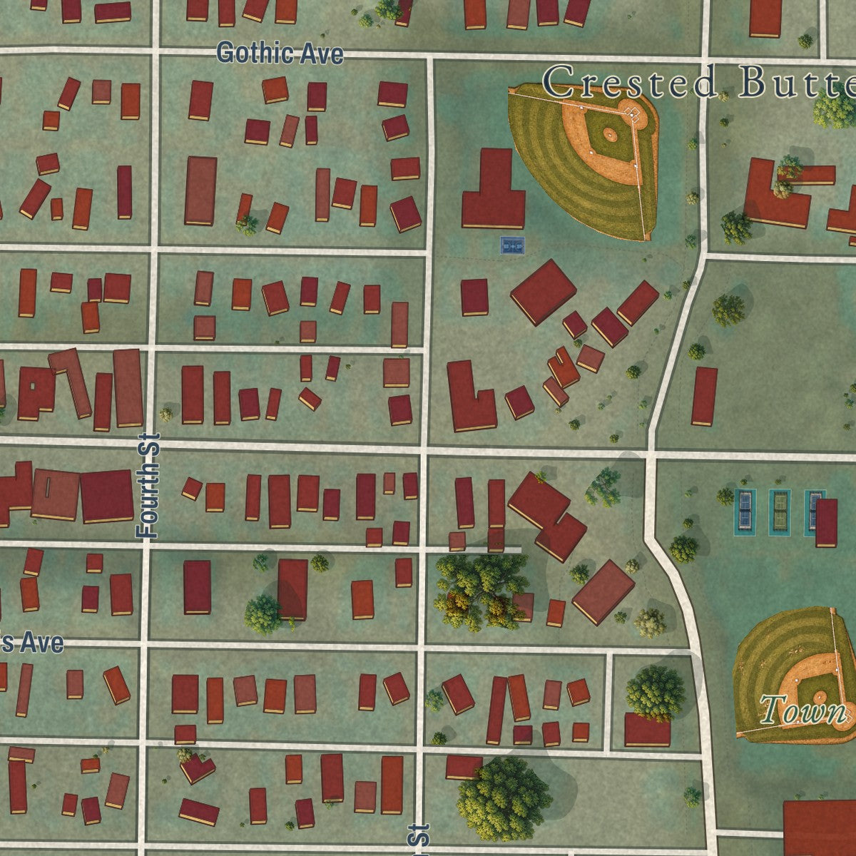 Close-up of the map of Crested Butte, Colorado print showing street and building detail
