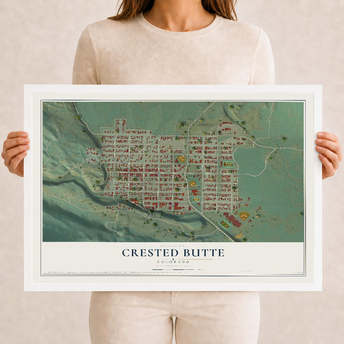 Map of Crested Butte, Colorado, 12 x 18 inch print in a white wood frame