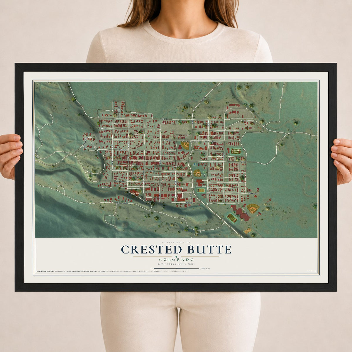 Map of Crested Butte, Colorado, 18 x 24 inch print in a black wood frame