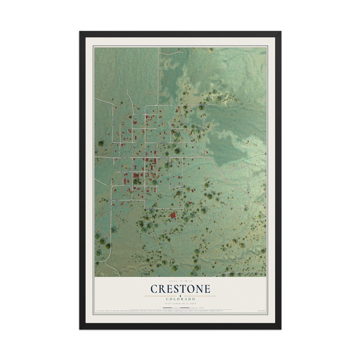 Map of Crestone, Colorado, 12 x 18 inch print in a black wood frame