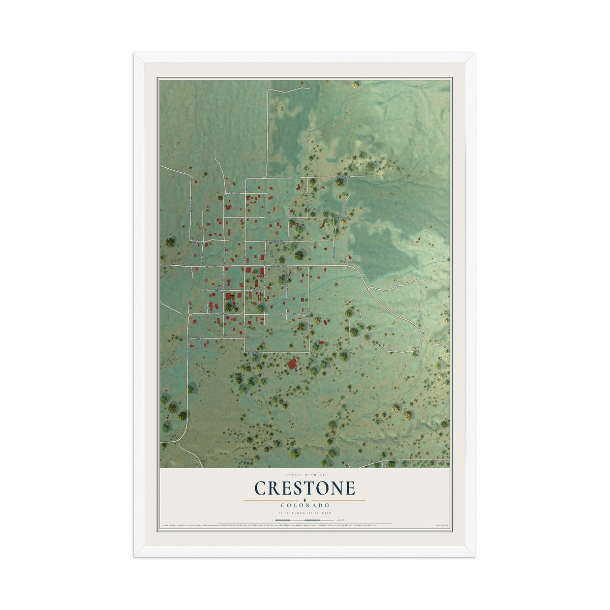 Map of Crestone, Colorado, 12 x 18 inch print in a white wood frame