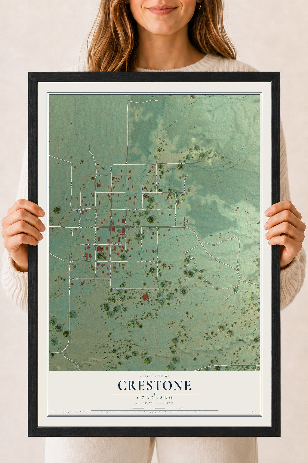 Map of Crestone, Colorado, 18 x 24 inch print in a black wood frame