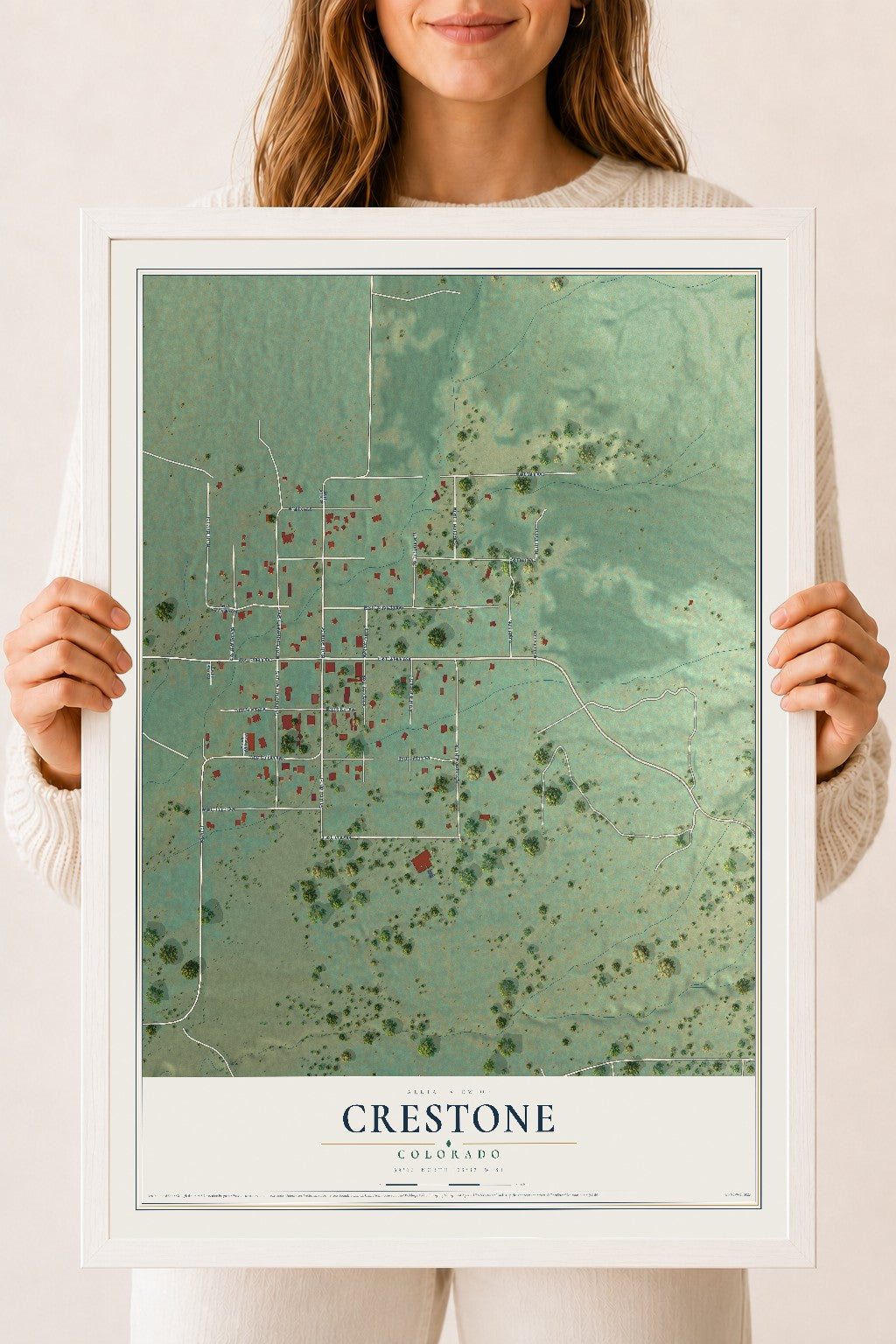 Map of Crestone, Colorado, 18 x 24 inch print in a white wood frame