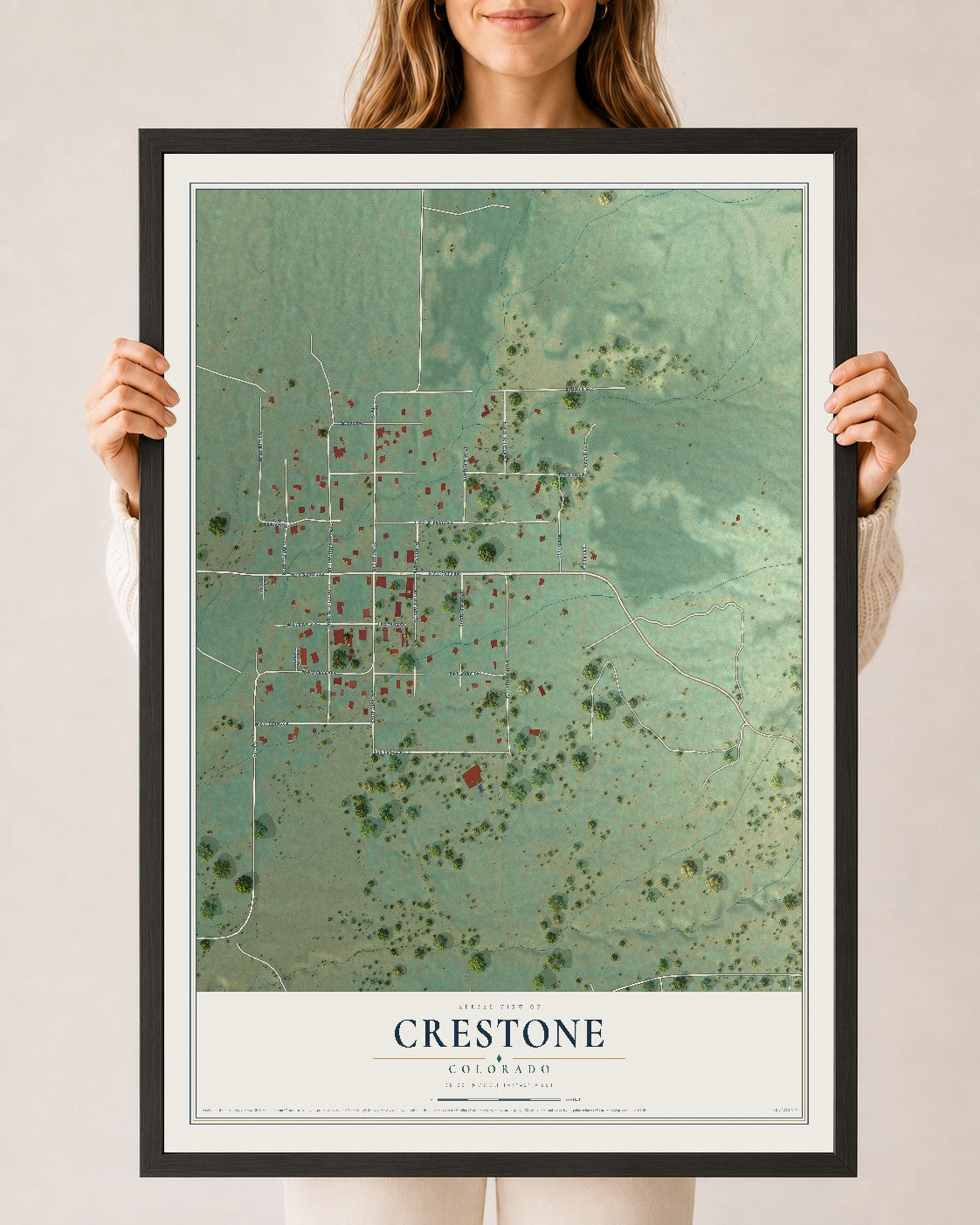 Map of Crestone, Colorado, 24 x 36 inch print in a black wood frame