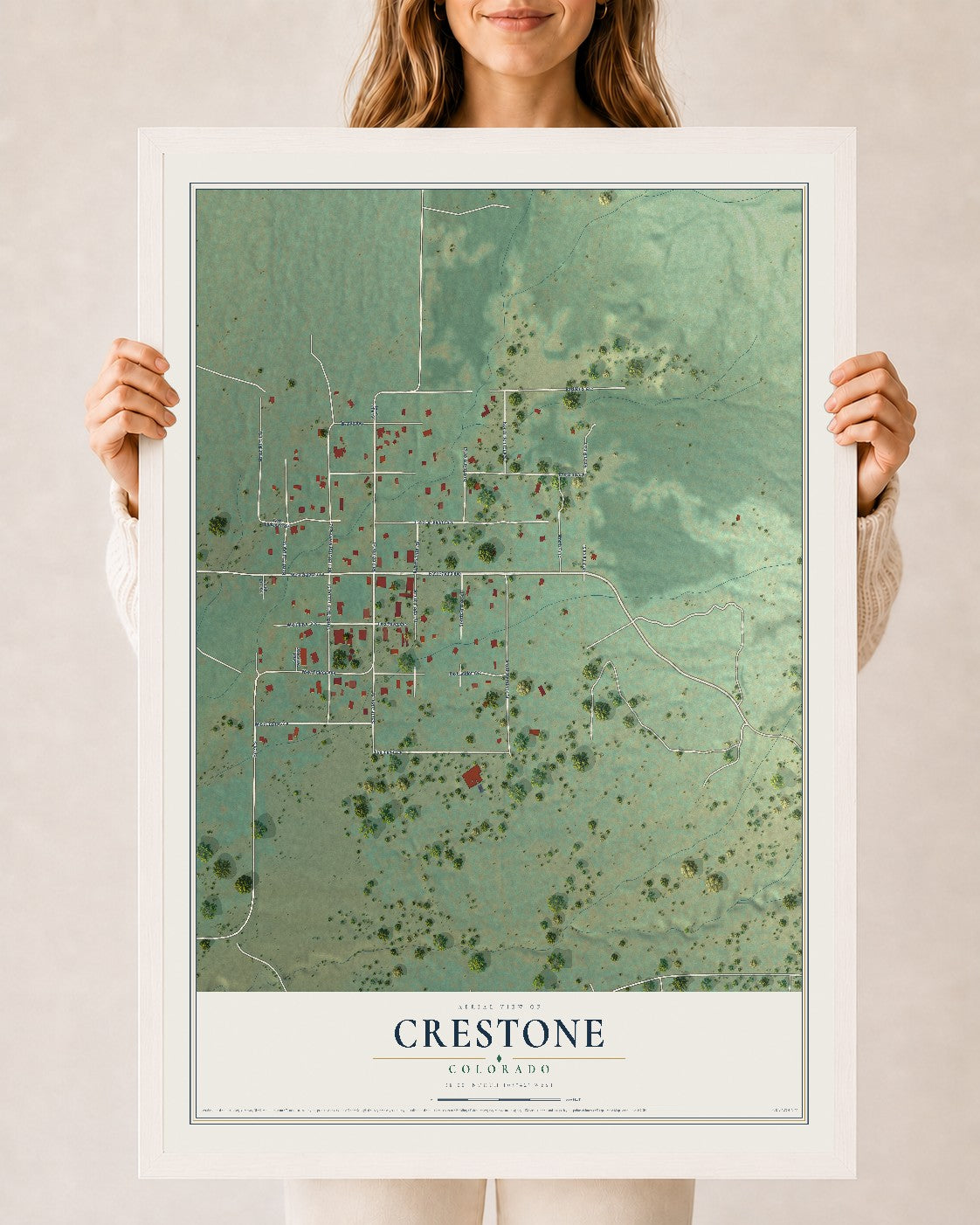 Map of Crestone, Colorado, 24 x 36 inch print in a white wood frame