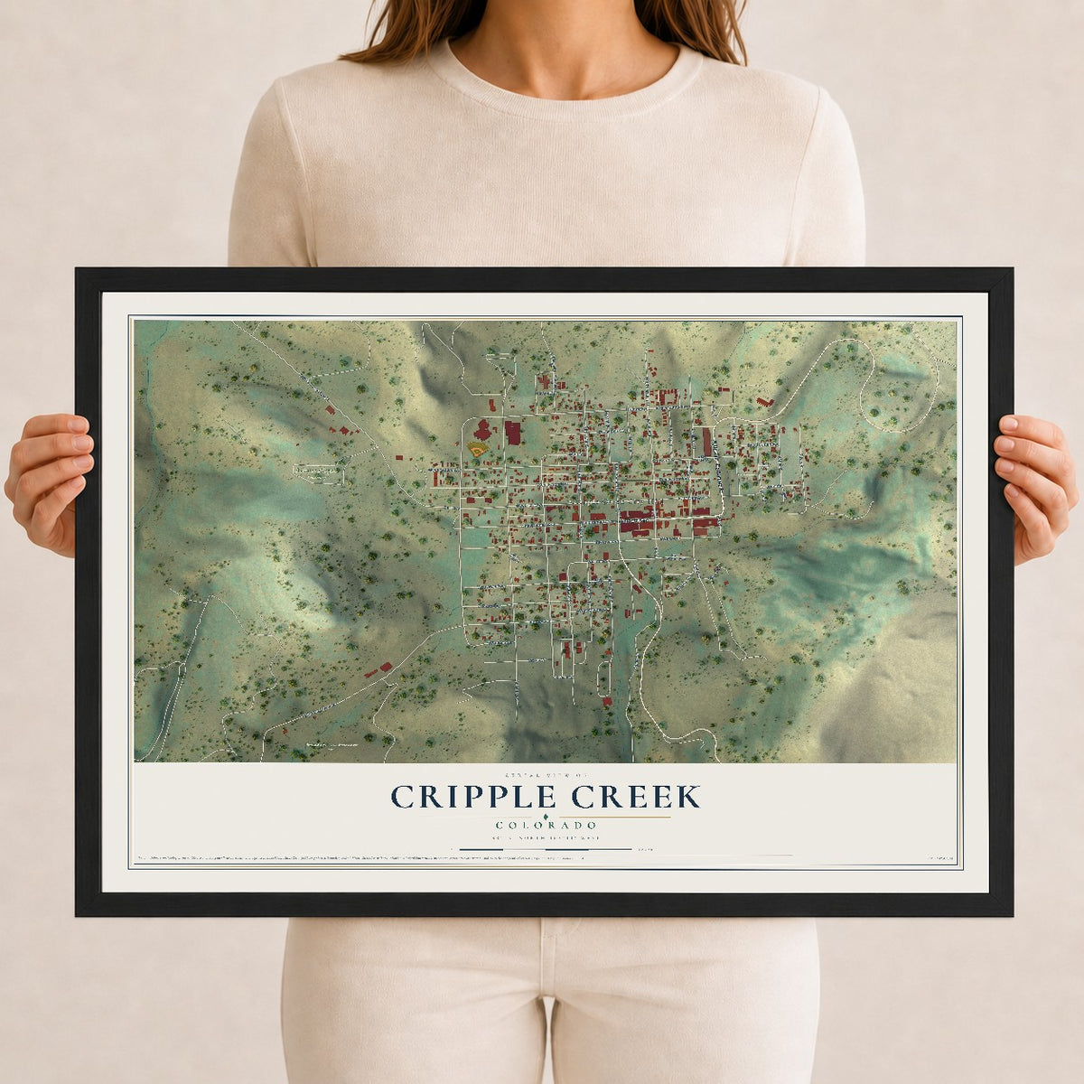 Map of Cripple Creek, Colorado, 12 x 18 inch print in a black wood frame
