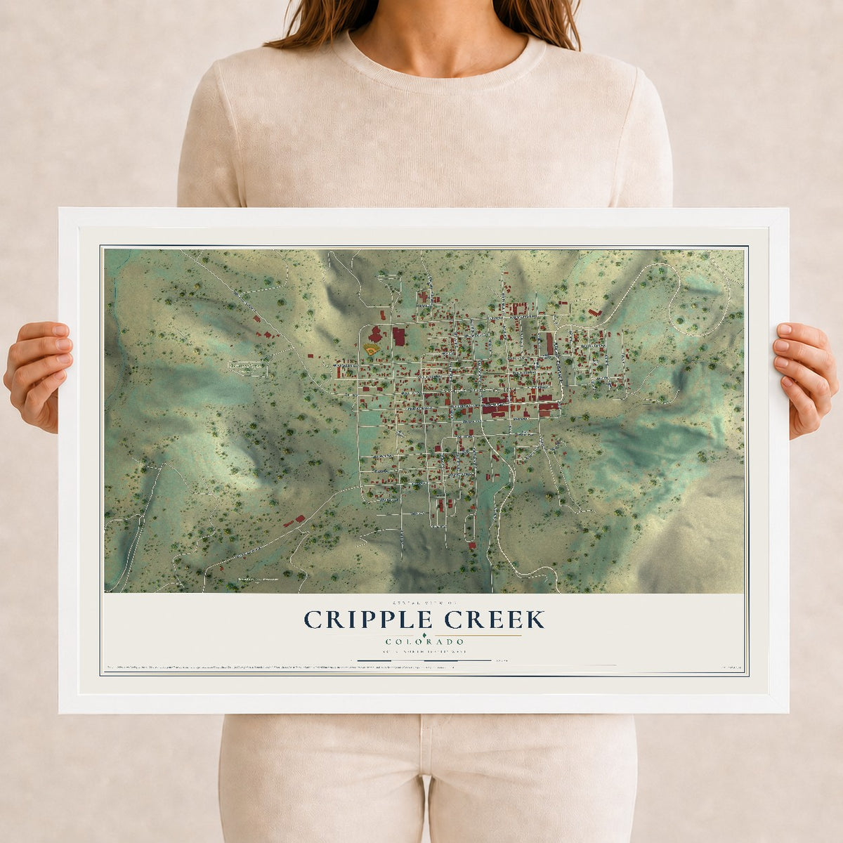 Map of Cripple Creek, Colorado, 12 x 18 inch print in a white wood frame