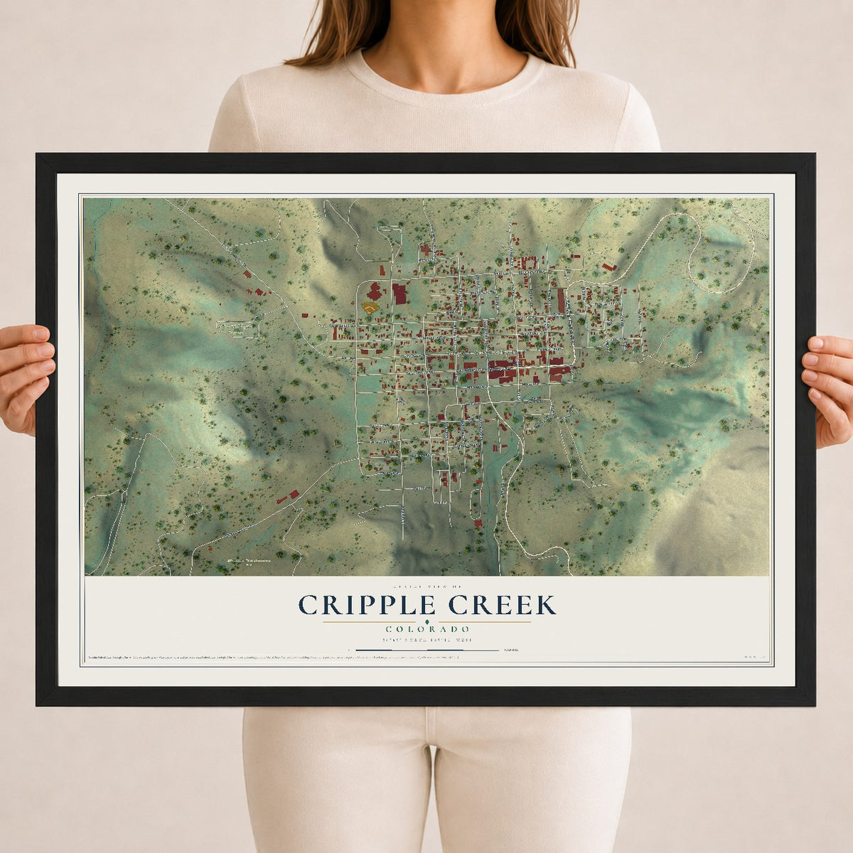 Map of Cripple Creek, Colorado, 18 x 24 inch print in a black wood frame
