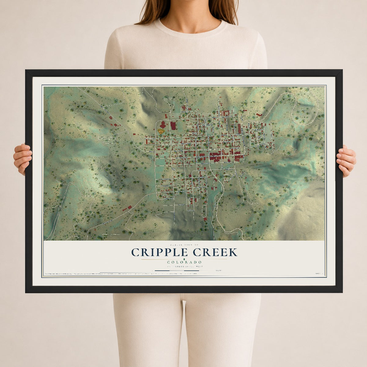 Map of Cripple Creek, Colorado, 24 x 36 inch print in a black wood frame