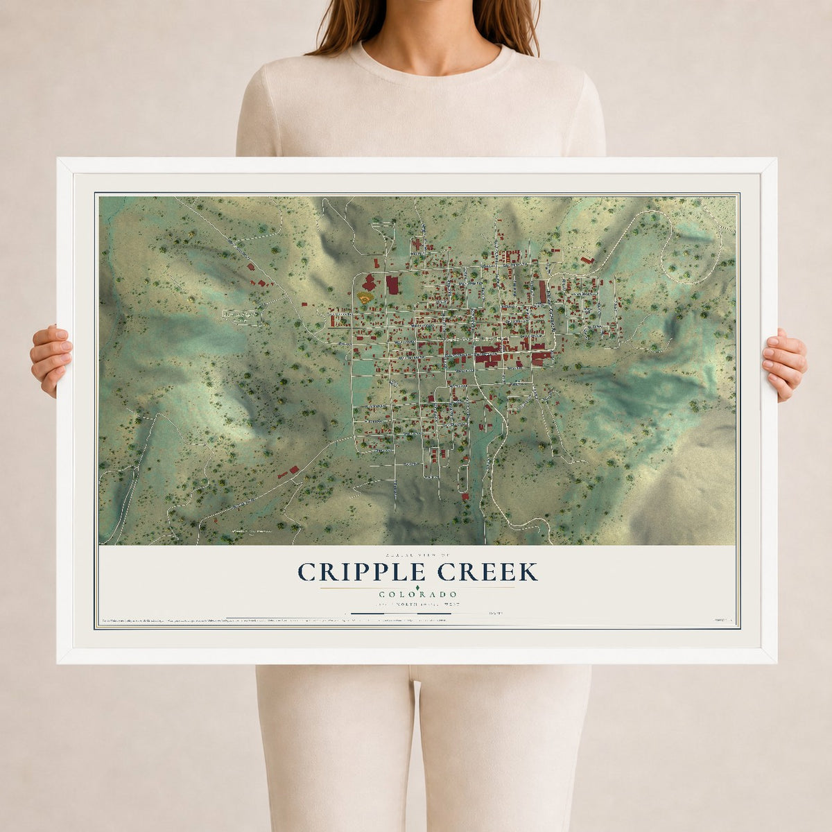 Map of Cripple Creek, Colorado, 24 x 36 inch print in a white wood frame