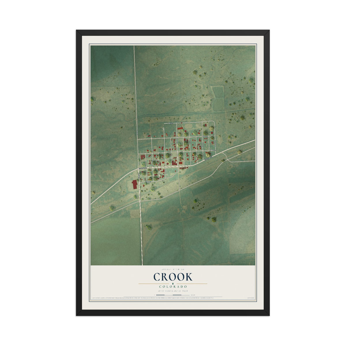 Map of Crook, Colorado, 12 x 18 inch print in a black wood frame