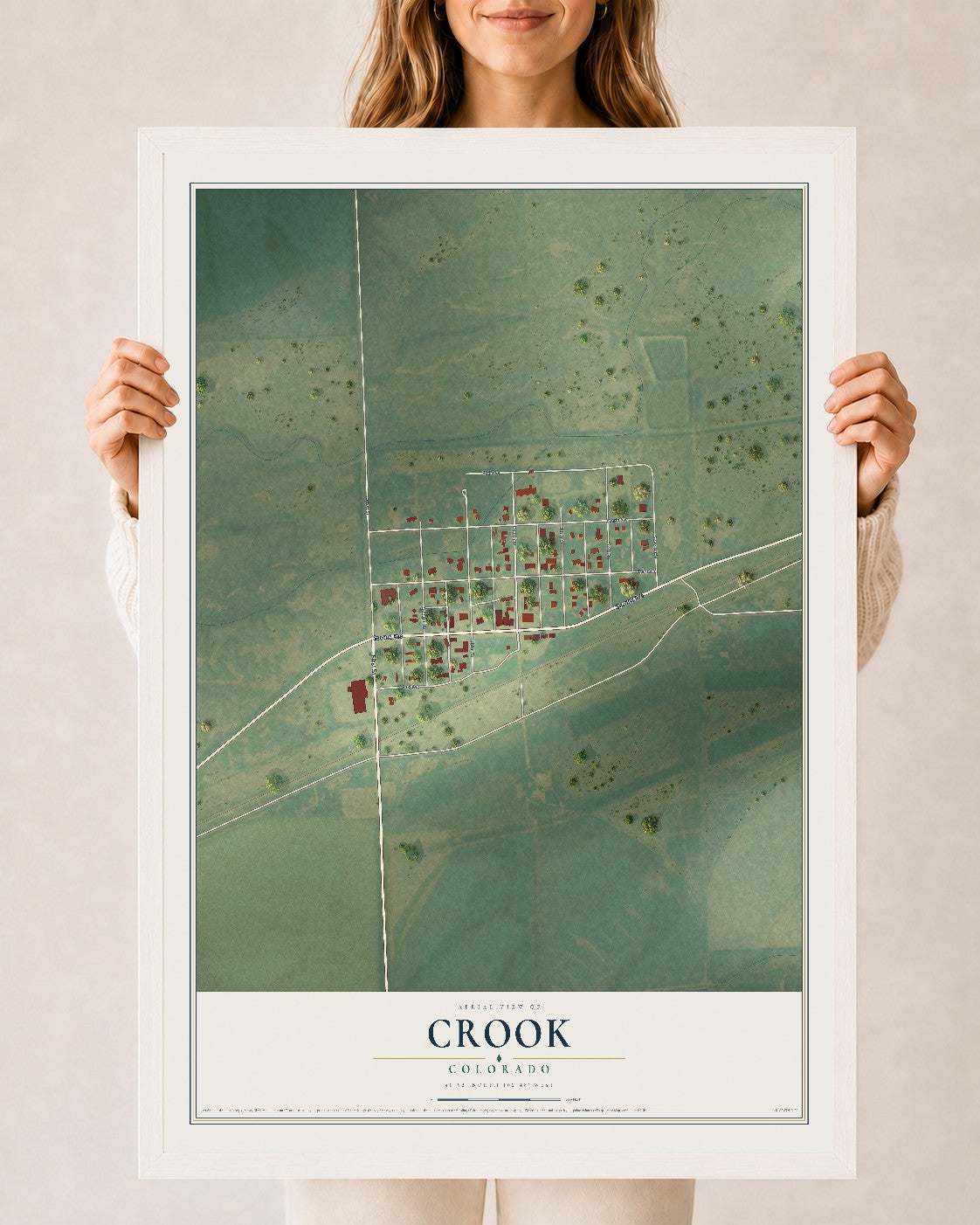 Map of Crook, Colorado, 24 x 36 inch print in a white wood frame