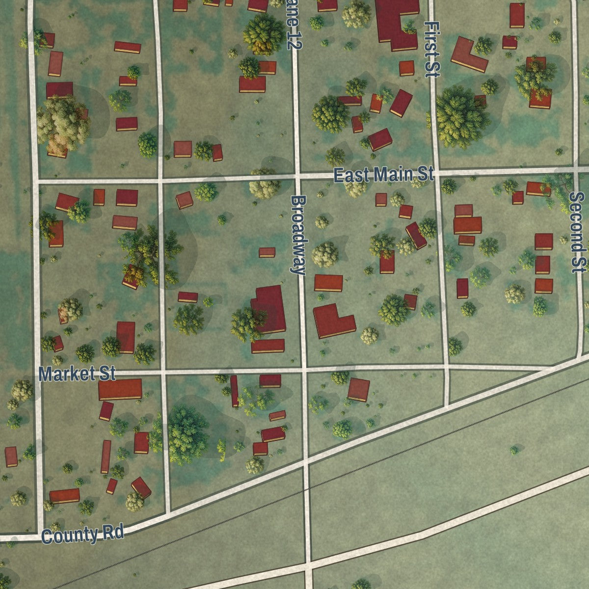 Close-up of the map of Crowley, Colorado print showing street and building detail