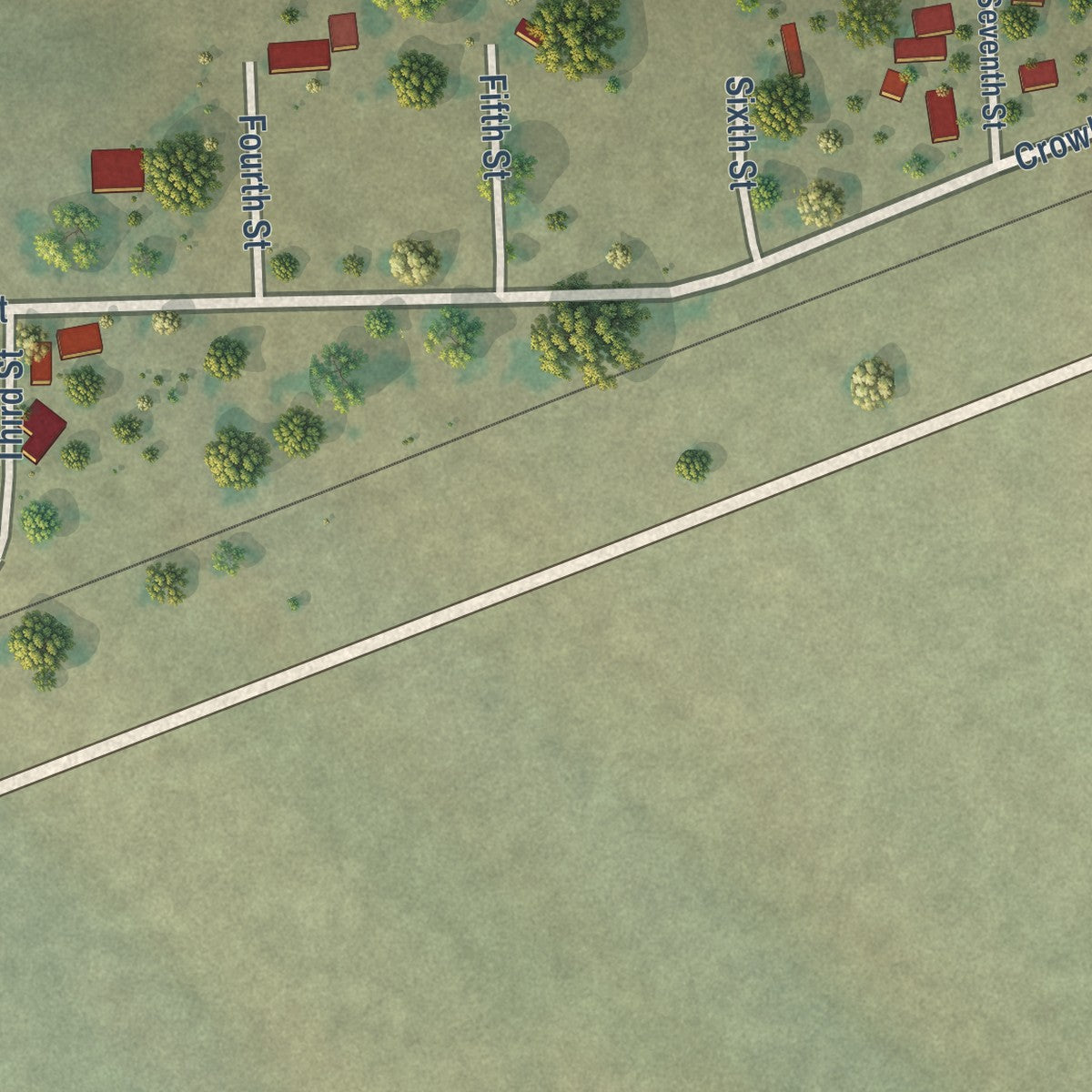 Second close-up of the map of Crowley, Colorado print showing more streets and buildings