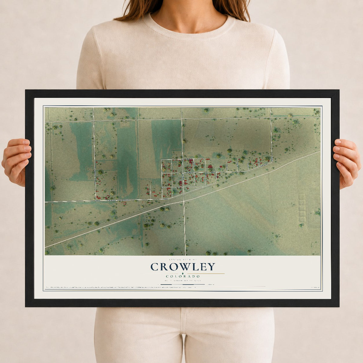 Map of Crowley, Colorado, 12 x 18 inch print in a black wood frame