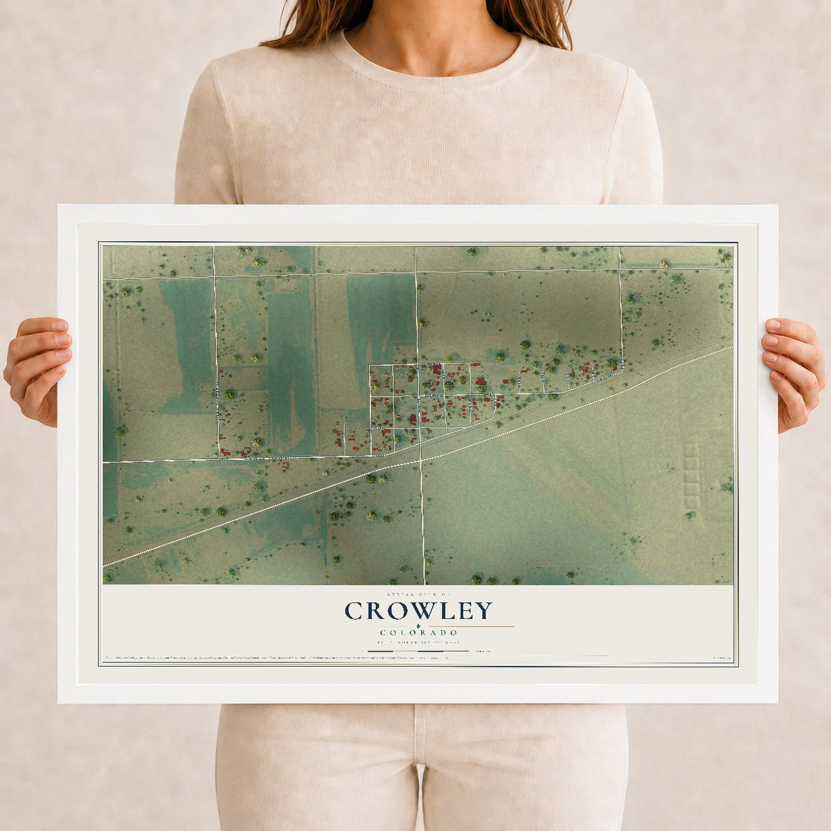 Map of Crowley, Colorado, 12 x 18 inch print in a white wood frame