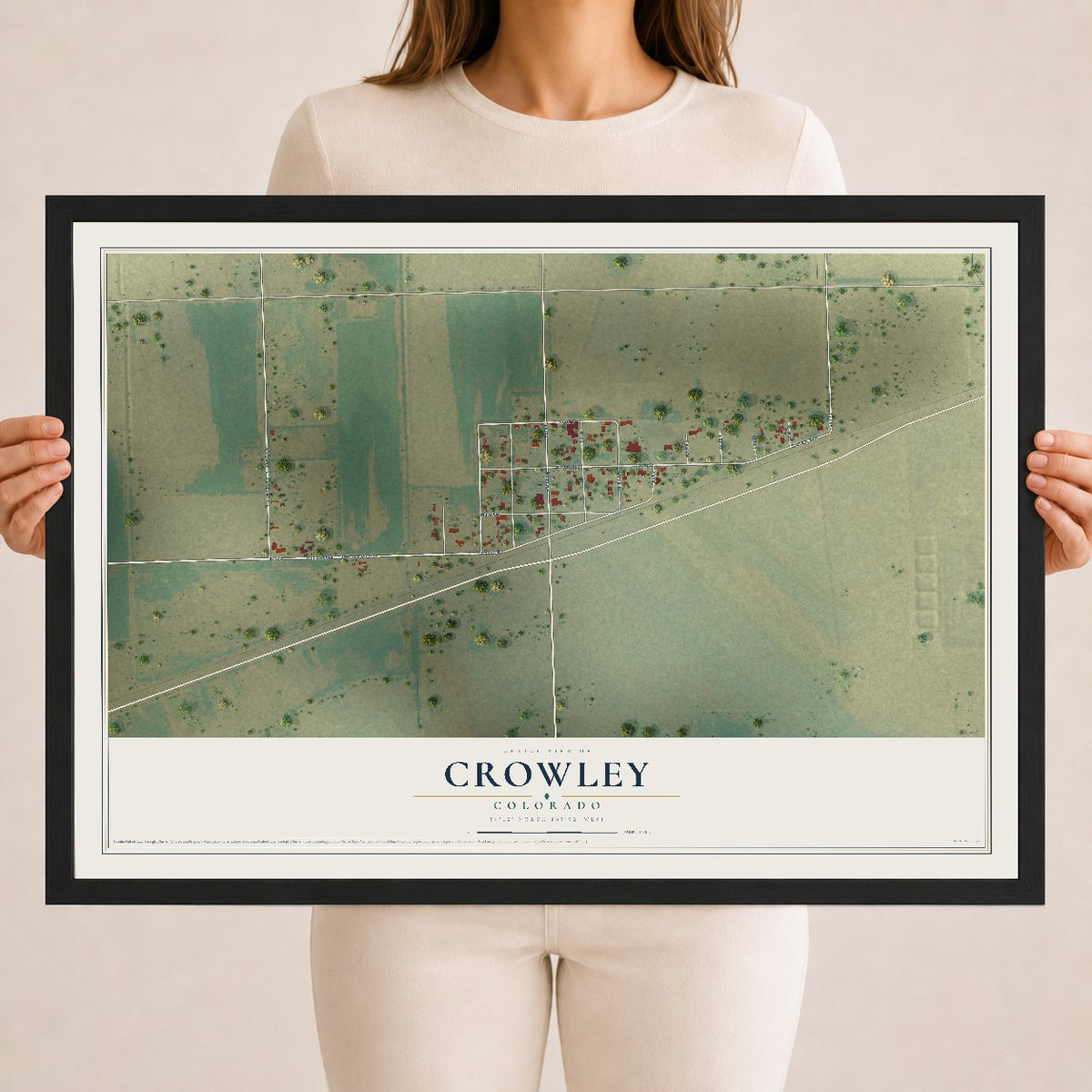 Map of Crowley, Colorado, 18 x 24 inch print in a black wood frame