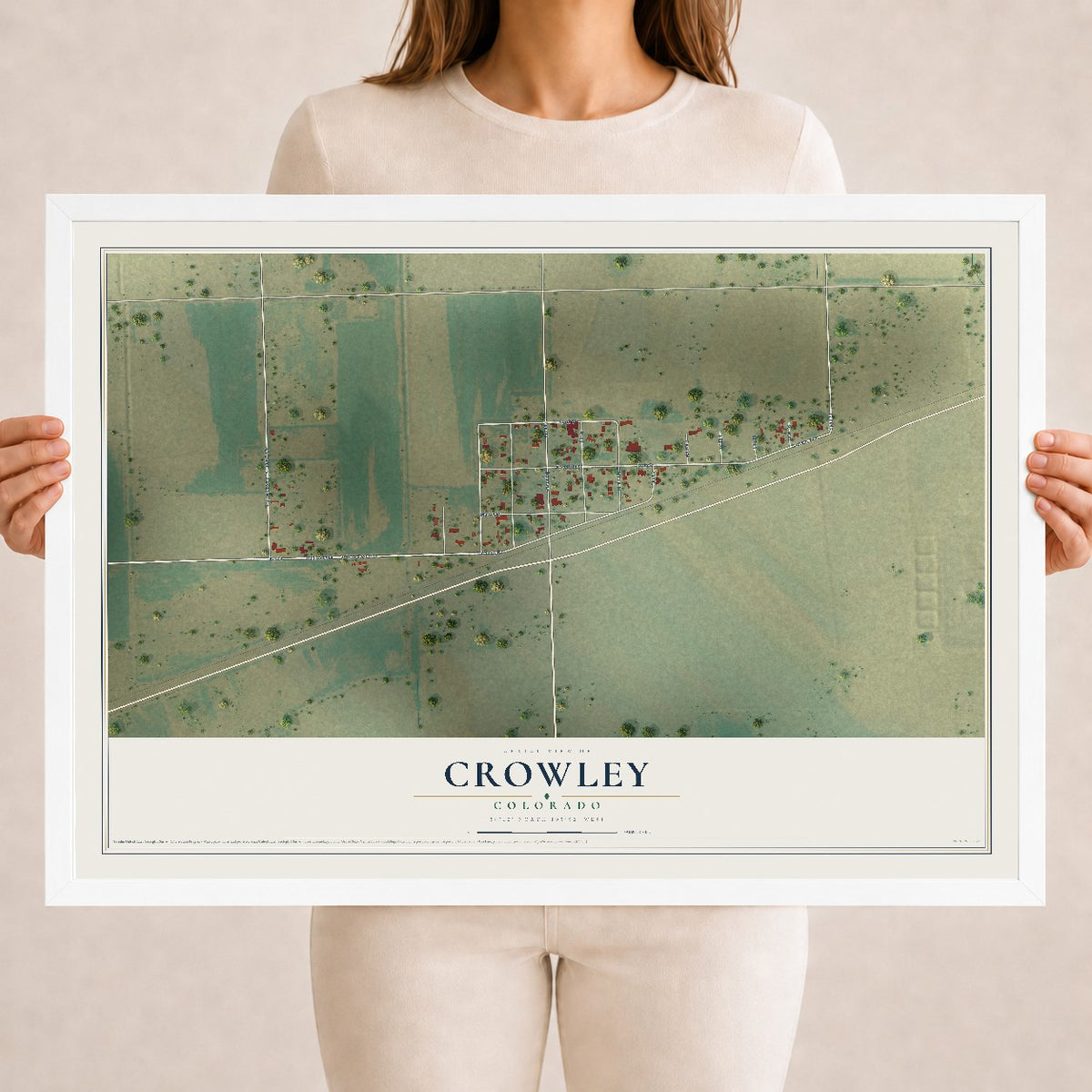 Map of Crowley, Colorado, 18 x 24 inch print in a white wood frame