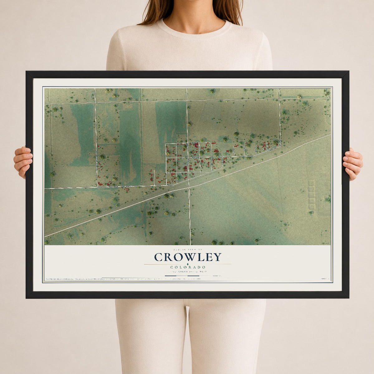 Map of Crowley, Colorado, 24 x 36 inch print in a black wood frame