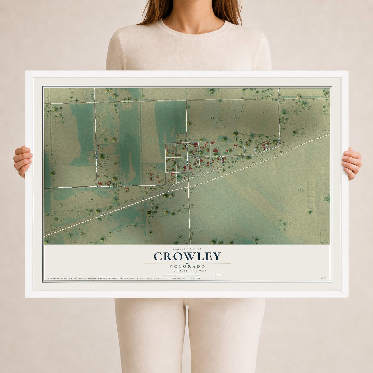 Map of Crowley, Colorado, 24 x 36 inch print in a white wood frame