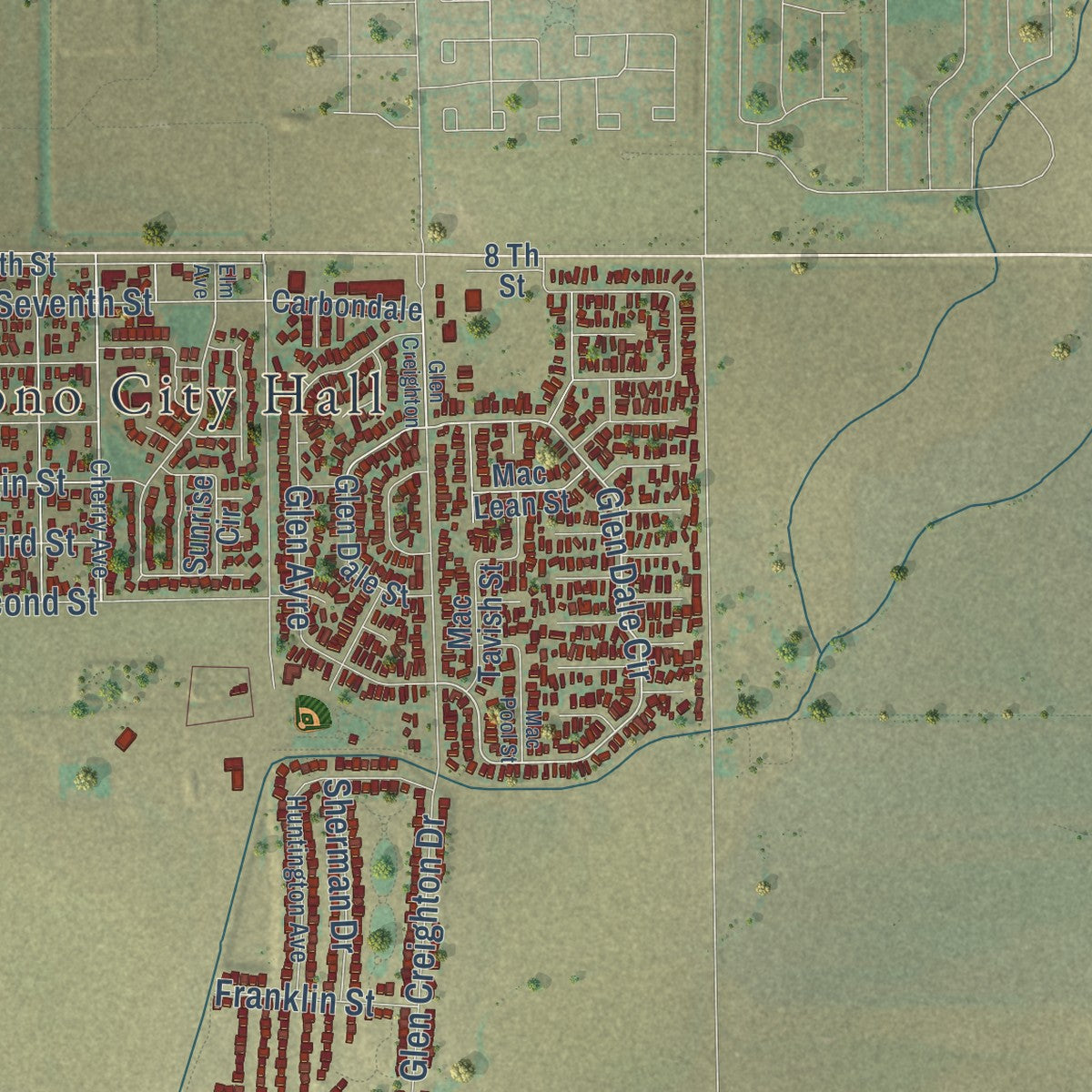 Close-up of the map of Dacono, Colorado print showing street and building detail