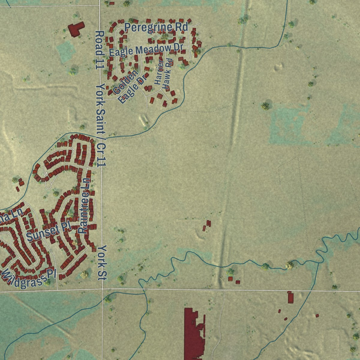 Second close-up of the map of Dacono, Colorado print showing more streets and buildings