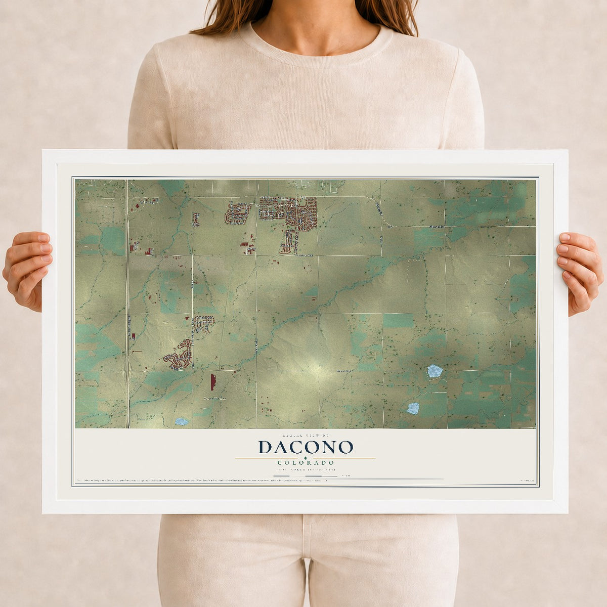 Map of Dacono, Colorado, 12 x 18 inch print in a white wood frame