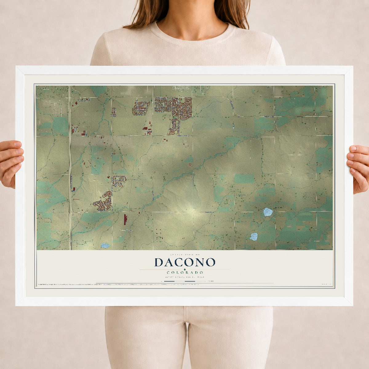 Map of Dacono, Colorado, 18 x 24 inch print in a white wood frame