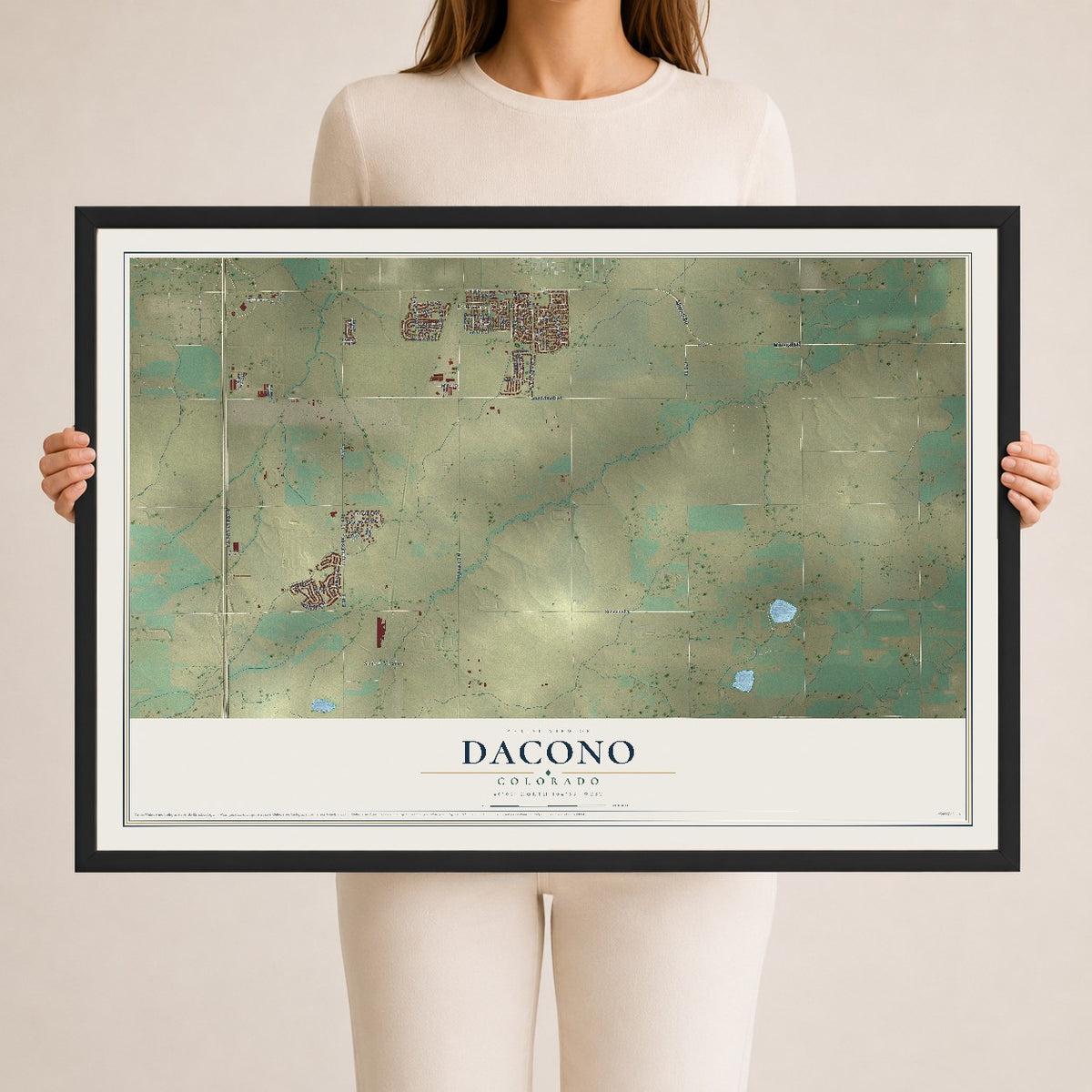 Map of Dacono, Colorado, 24 x 36 inch print in a black wood frame