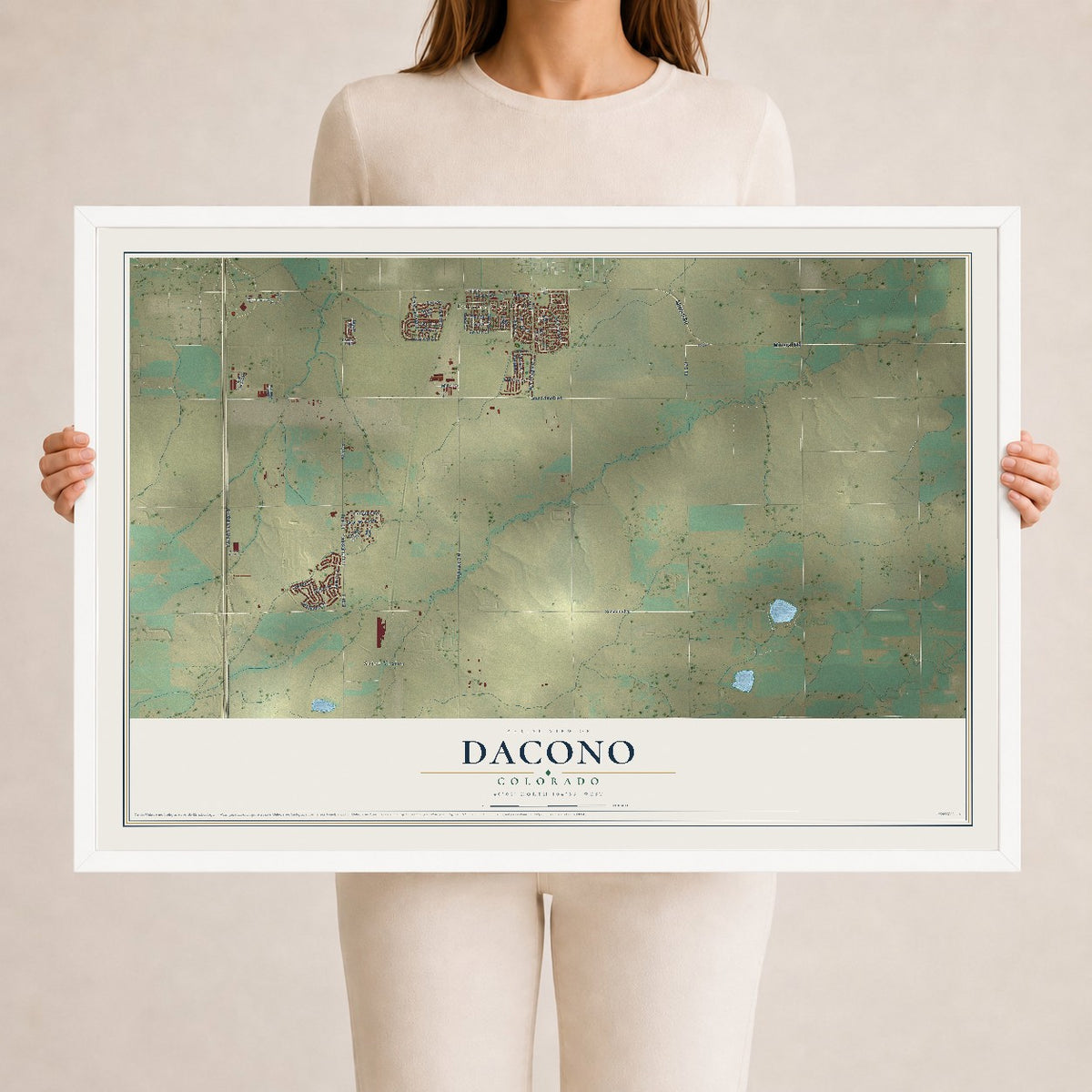 Map of Dacono, Colorado, 24 x 36 inch print in a white wood frame