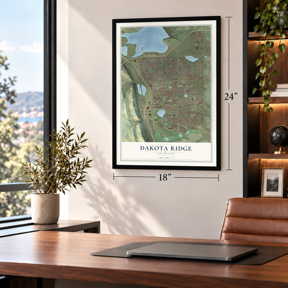 Dakota Ridge, Colorado map, 18 x 24 inch print in a black frame in a home office