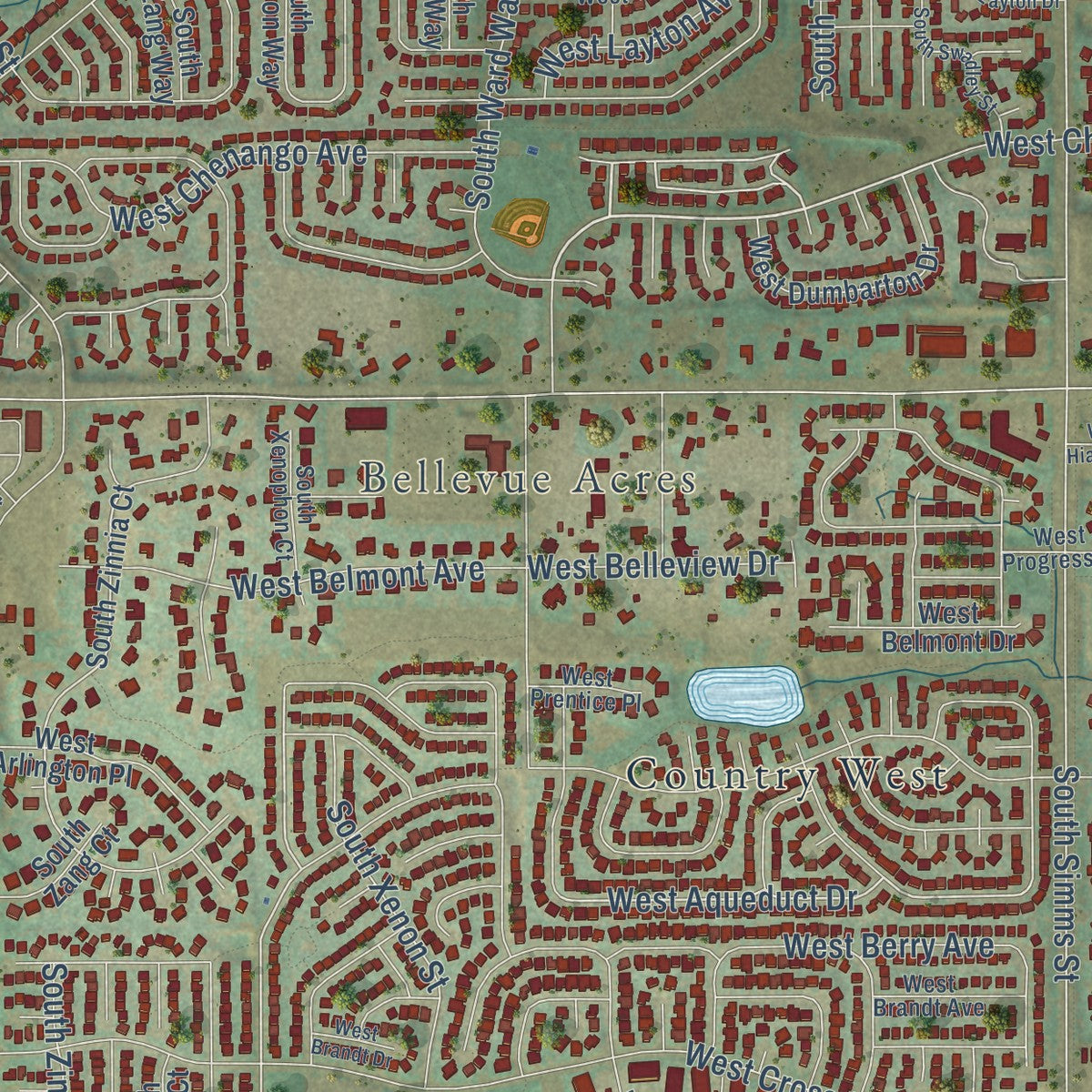 Close-up of the map of Dakota Ridge, Colorado print showing street and building detail