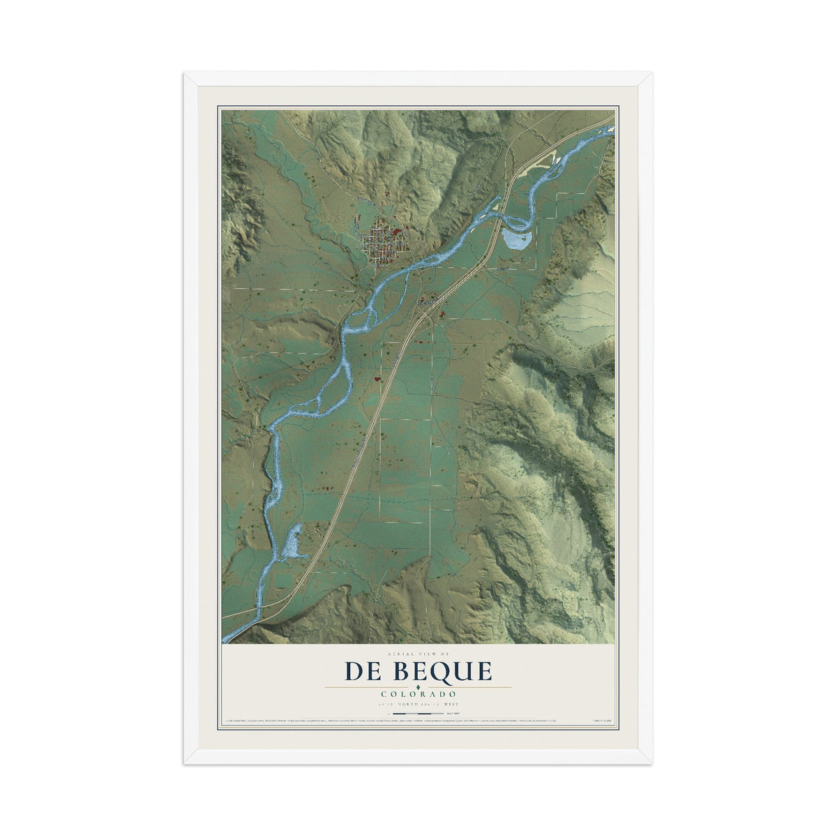 Map of De Beque, Colorado, 12 x 18 inch print in a white wood frame