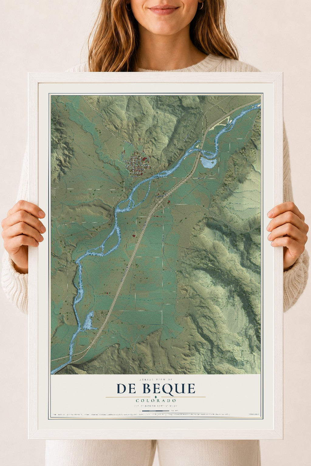 Map of De Beque, Colorado, 18 x 24 inch print in a white wood frame