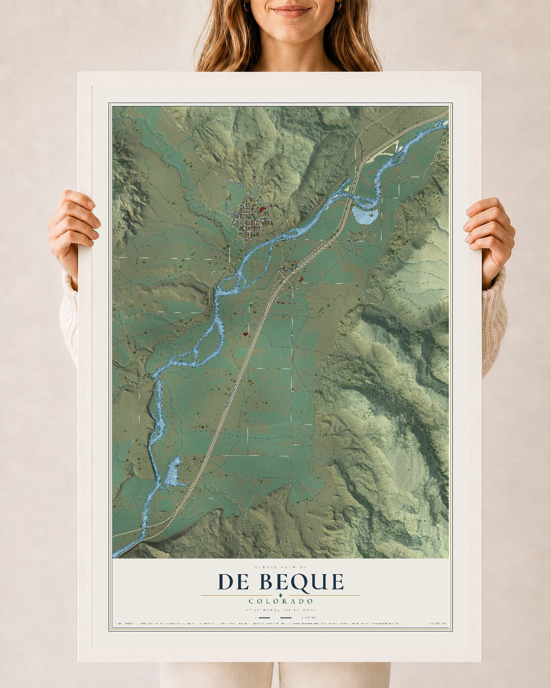 Map of De Beque, Colorado, 24 x 36 inch print in a white wood frame