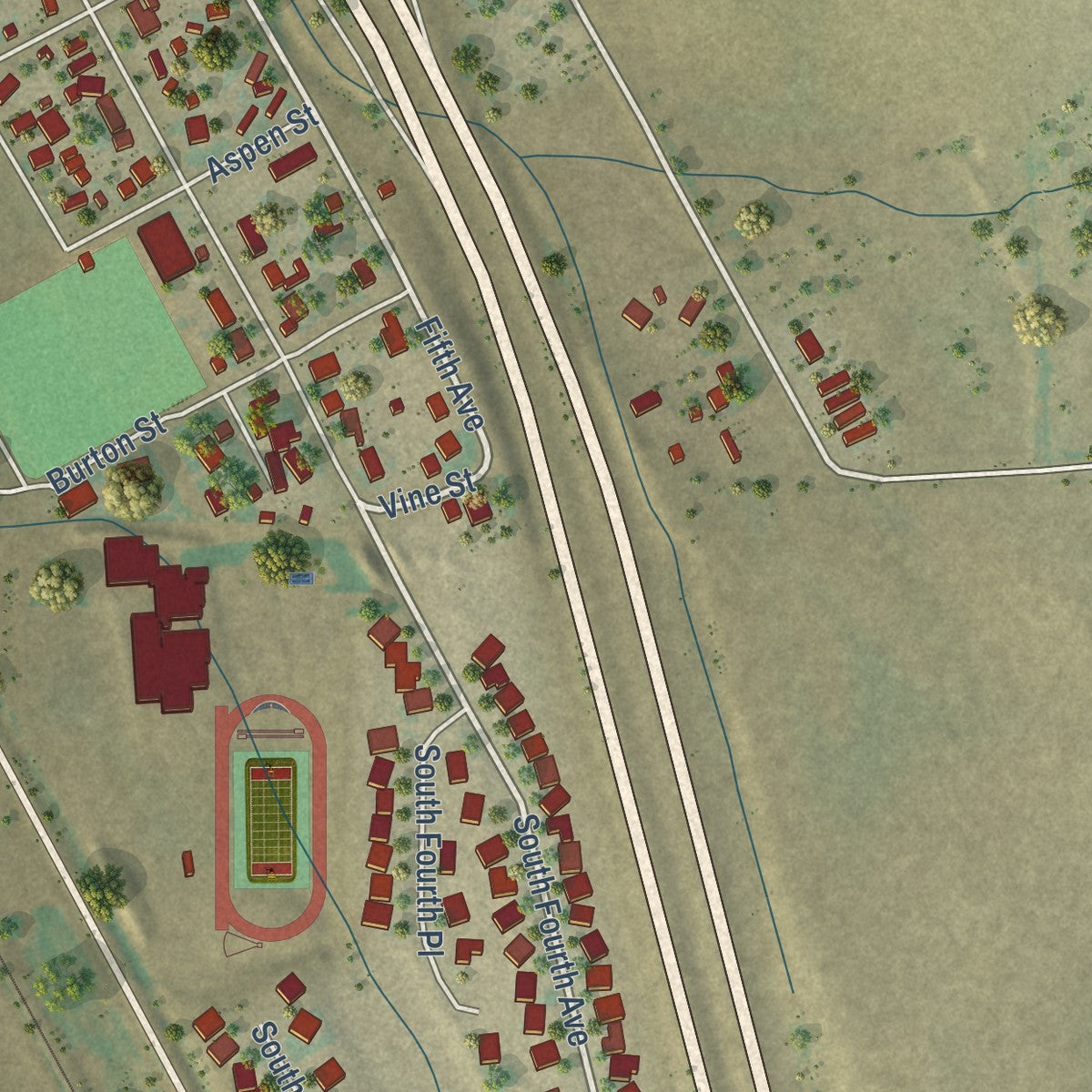 Second close-up of the map of Deer Trail, Colorado print showing more streets and buildings