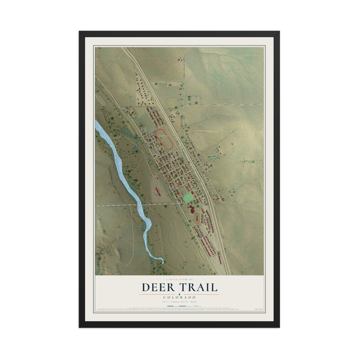 Map of Deer Trail, Colorado, 12 x 18 inch print in a black wood frame