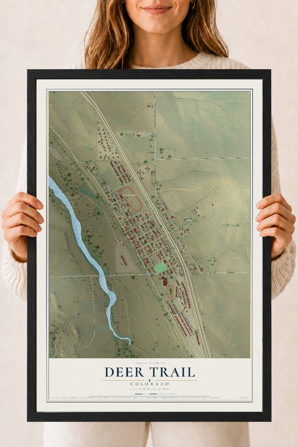 Map of Deer Trail, Colorado, 18 x 24 inch print in a black wood frame