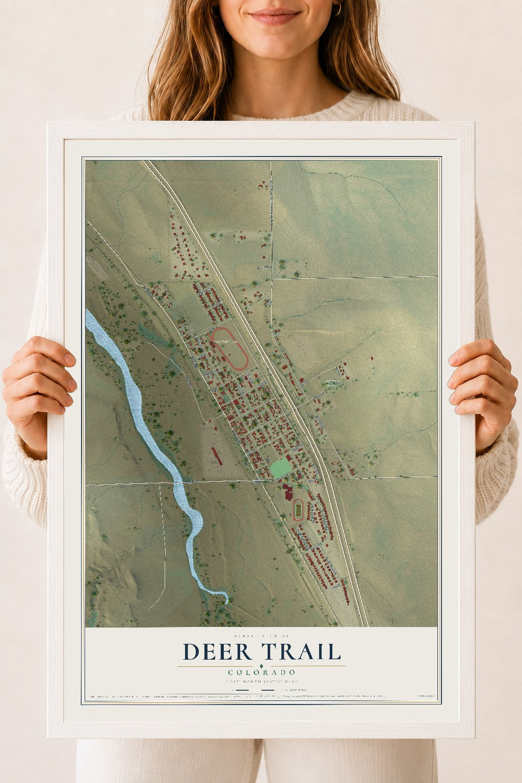 Map of Deer Trail, Colorado, 18 x 24 inch print in a white wood frame
