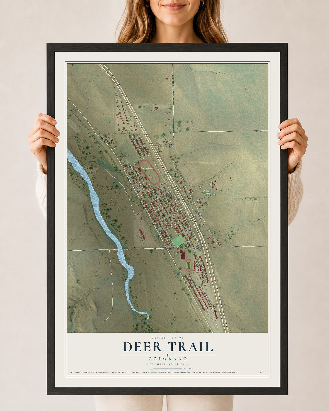 Map of Deer Trail, Colorado, 24 x 36 inch print in a black wood frame